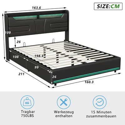 Produktbild von Gepolstertes Doppelbett - Hydraulisches Stauraumbett - 160 x 200 cm - Lattenrost - Kopfteil mit LED und USB-Ladeanschluss - PolyurethanBezug - Schwarz