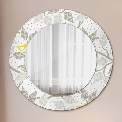 Produktbild von Ø60cm Spiegel - Glasrahmen mit Aufdruck - Wandspiegel Schlafzimmer - gelb Vögel auf Zweige