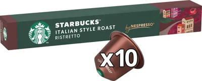 A box of Starbucks Italian Style Roast Ristretto coffee capsules for Nespresso, with one capsule shown in the foreground.