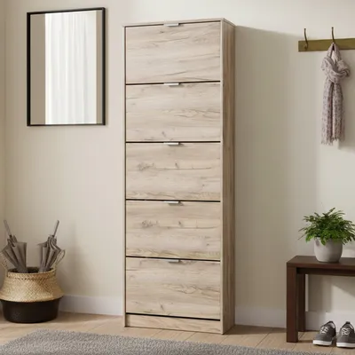 Produktbild von Dmora Schuhschrank Sueglio 67x28x192h cm Braun Eiche Grau, 10 Fächer 5 Türen