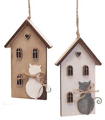 Produktbild von Logbuch-Verlag 2 Deko Häuser mit Katze Natur grau weiß Holz Geschenkanhänger Hängedekoration Frühling Katzendeko zum Aufhängen 8 x 14 cm
