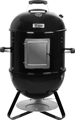 A black smoker grill is shown against a white background.