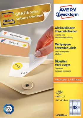 Image de Avery Zweckform L4736REV-100 Étiquettes universelles, 45,7 x 21,2 mm, 100 feuilles/4 800 étiquettes, blanc
