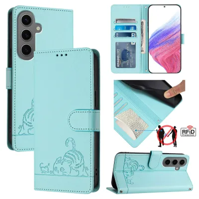 Produktbild von Leder Hülle für Samsung Galaxy S25+ Süße Katze Flip Case Brieftasche Schutzhülle mit Standfunktion hellgrün