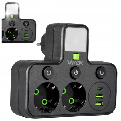 Produktbild von Vayox Steckdosenadapter 2-Fach Schuko mit Nachtlicht | Mehrfachstecker mit 1x USB-C 2x USB-A 2.1A Schwarz | Schaltbar Steckdosenverteiler 2500W