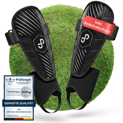 Produktbild von JDP Schienbeinschoner Kinder mit Knöchelschutz, Bambini bis 125 cm, Schwarz, Fußball Schienbeinschützer mit Klettverschluss