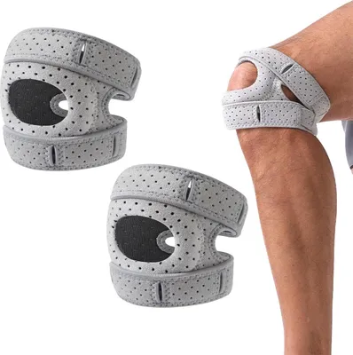 Produktbild von Patella Kniebandage 2er Set, Verstellbarer Kniegurt, Silikonpolster, atmungsaktiv, Sport & Training, Grau
