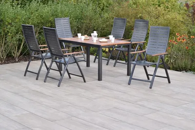 Produktbild von Merxx Gartenmöbel Set Tinos 7tlg., 6 Klappsessel, Ausziehtisch 150 (200) x 90 cm - Aluminium/ Akazie
