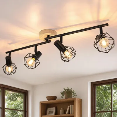 Produktbild von ZMH Deckenstrahler 4 Flammig Deckenleuchte Schwarz Holz Flurlampe Küchelampe Decke Industrial Deckenspots E14 Schwenkbar 350° Spotlight Schlafzimmer