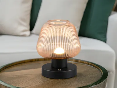 Produktbild von Kabellose kleine LED Akku Tischlampe ohne Strom, dimmbar mit Glasschirm Amber