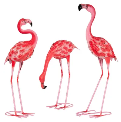 Image de Lot de 3 figurines de flamants roses en métal pour le jardin, figurines de flamants roses, statues d'extérieur, sculptures pour la décoration de la maison, de la terrasse, de la pelouse et du jardin (petit format)