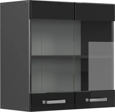 A 3D render of a black high-gloss wall cabinet with glass doors and drawers.