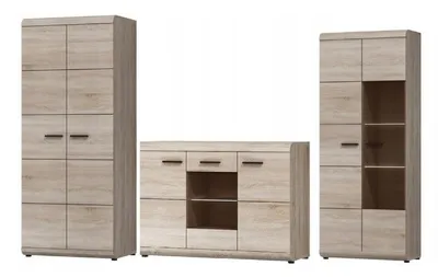 Produktbild von Wohnwand LINK Eiche Sonoma – Schrank + Kommode + Vitrine – Wohnzimmermöbel