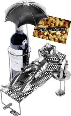 Productafbeelding van Wijnfleshouder - Vakantiehuis onder de parasol - Metalen sculptuur - Wenskaart INBEGREPEN - Origineel cadeau-idee