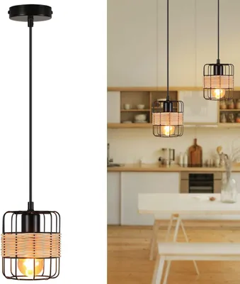 Image de ZMH Lampe à suspendre en rotin Vintage Lampe à suspendre 1 flamme en bois Lampe à suspendre de cuisine Lampe de table à manger Abat-jour noir Panier pour salle à manger