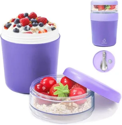 Productafbeelding van Famanu beker voor muesli, geschikt voor onderweg, 500 ml + 150 ml, praktische beker voor muesli en yoghurt, ideaal voor picknicks, inclusief lepel, paars