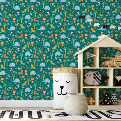 Produktbild von TADESSI Tapete Kinderzimmer M1-No.717 Vliestapete Grün Gelb Dschungeltapete Tiere Jungenzimmer Mädchenzimmer