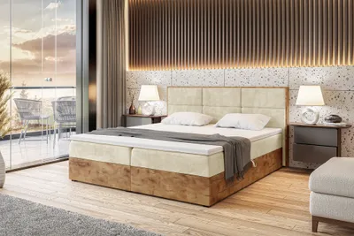 Produktbild von MEBLINI Boxspringbett mit Bettkasten - Gepolstert Doppelbett mit Matratze und Topper - Polsterbett mit Stauraum - Bett mit Kopfteil - Stauraumbett - LOFTY 2 - 200x200 - H4/Beige Samt