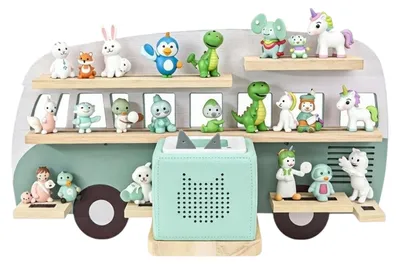 Imagen del producto de Relaxdays, estante magnético para Toniebox, ideal para la caja de cuentos y 25 figuras Tonies, diseño de autobús, dimensiones (alto x ancho x profundidad): 32 x 62 x 13 cm, estante para figuras Tonies, color salvia