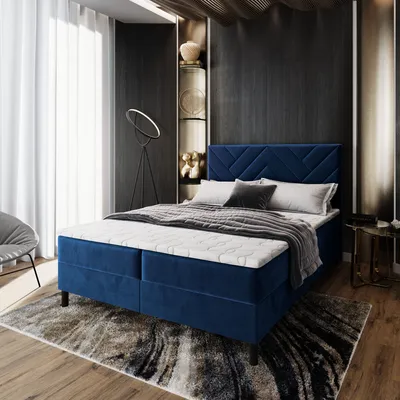 Produktbild von Masseno Boxspringbett ROKIS 160x200 cm Komplett-Set mit Bonell Matratze und Topper, Polsterbett mit Bettkästen -Blau, MONOLITH 77
