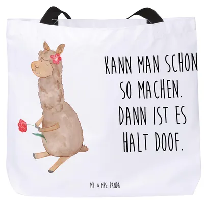 Produktbild von Mr. & Mrs. Panda Schultasche Alpaka Blume - Weiß - Geschenk, Witz, Lamas, Laptoptasche, Strandtasche, Lama, Reisetasche, Tote Bag, Tasche