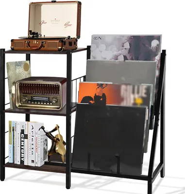 Produktbild von AIORBER CD-Regal, mit 4 Ablageflächen, Sockel aus Massivholz, verstärkter Metallrahmen, CD- & DVD-Regale, für Wohnzimmer, 84x30x75,5cm,Schwarz