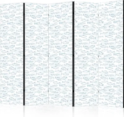Produktbild von 5-teiliger Doppelseitiger Vlies Paravent - Blue Fish - Blue Outlines of Various Fish Species on a White-Blue Background 225x172 cm g-C-10158-z-b