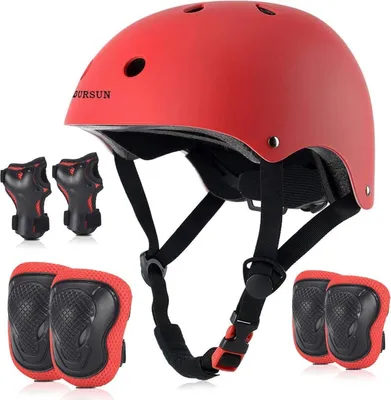Image de Casque de vélo pour enfants 7-en-1 Set Genouillères Réglables Casque de skate pour vélo Skateboard 2-16 ans Rouge