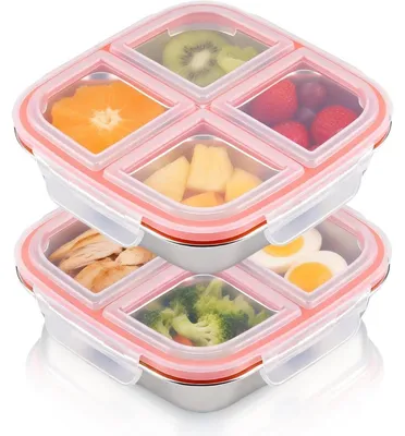 Produktbild von Snackbox Aus Edelstahl, 2er Set, Wasserdicht Mit 4 Fächern, 600 Ml, Für Schule Büro Camping