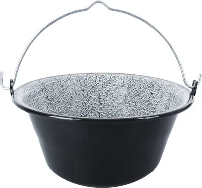 A black enamel cauldron with a wire handle, shown against a white background.