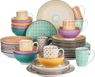 Zdjęcie produktu dla Porcelanowy serwis obiadowy Vancasso "Tulip", 40-częściowy zestaw naczyń z talerzami obiadowymi, talerzami deserowymi, talerzami do zupy, miskami do płatków śniadaniowych i kubkami do kawy dla 8 osób