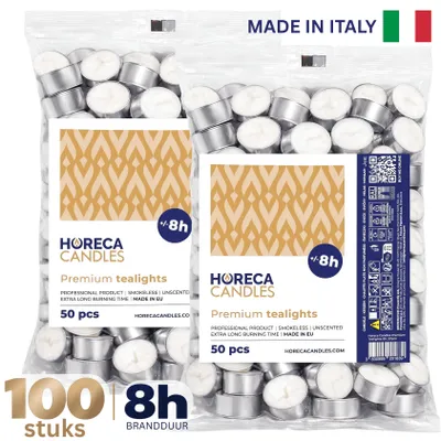Productafbeelding van HORECA CANDLES Theelichtjes 100 Stuks Wit - 8 Uur Brandduur, Geurloos, Paraffinewas - Voor Horeca, Bruiloft, Tafeldecoratie, Feest, Spa & Thuis
