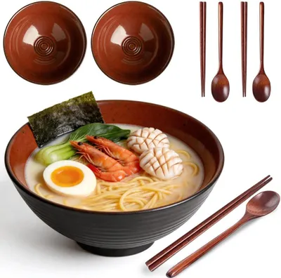 Zdjęcie produktu dla Miska do ramen 1200 ml, 2 szt., rudobrązowy, ceramika, do zupy