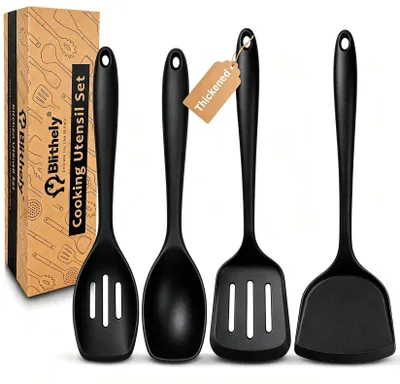 4-teiliges Silikon-Küchenhelfer-Set, hitzebeständig, 33 cm, schwarz