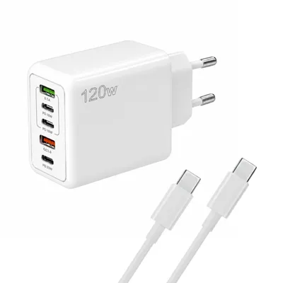 Produktbild von 120W USB-C Schnellladegerät mit 2m USB-C Ladekabel (20W) – 5-Port Schnellladeadapter (1x USB-C 25W PD, 2x USB-C 18W PD, 2x USB 3.0 QC 15,5W)