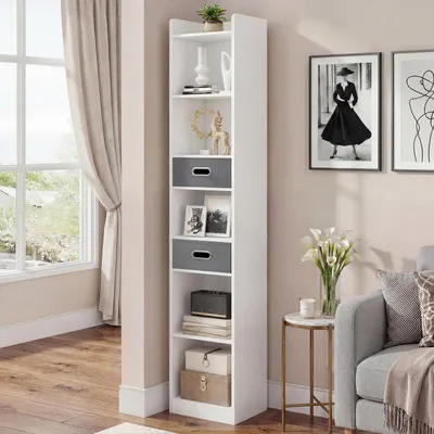 Produktbild von Bücherregal schmal 5 Ebenen mit 2 Stoffschubladen 30x24x180 cm Weiß