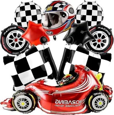10 Alu-Rennwagen-Ballons mit Helm & Flaggen, Party-Deko