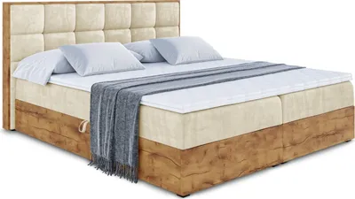 Produktbild von ALTDECOR Boxspringbett LOLLI2 mit Multipocket-Matratze, Kopfteil und Bettkasten mit Eiche Holz   180x200 Beige Samt