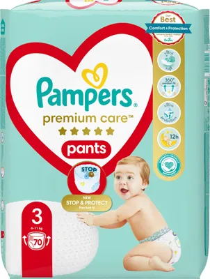 Productafbeelding van PAMPERS Premium Care Broekjes, luiers, éénverpakking, maat 3 (6-11 kg), 70 stuks