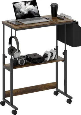 Produktbild von Höhenverstellbarer Schreibtisch mit neigbarer Platte, Rollen und Ablagefach - Braun für Büro, Homeoffice, Zeichen- und Lesetisch