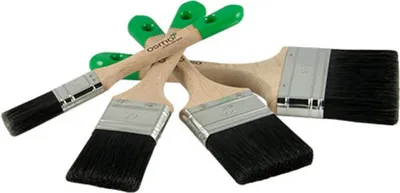 A group of paintbrushes with wooden handles and green ends are arranged on a white background.