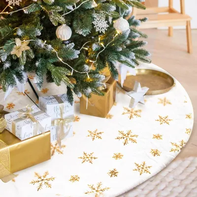 Produktbild von Weihnachtsbaumdecke Christbaumdecke Christbaumständer-Abdeckung - Weiß mit goldenen Schneeflocken - 120 cm - Plüsch