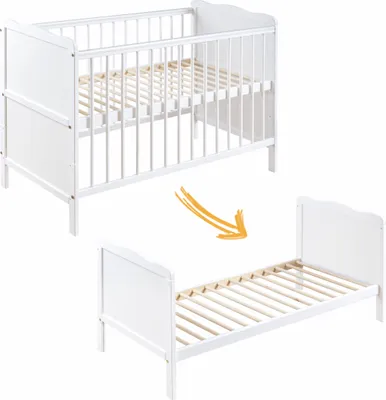 Produktbild von Gitterbett Babybett 2in1 60x120 mit Schublade Schlupfsprossen und Lattenrost Höhenverstellbar Umbaubar zum Juniorbett für Mädchen und Junge - Weiß