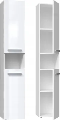 Two views of a tall, narrow, white bathroom cabinet.