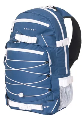 A blue backpack with white accents and bungee cords.