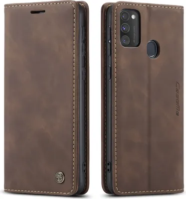 Two views of a brown leather flip phone case for a Samsung Galaxy M30S / M21.
