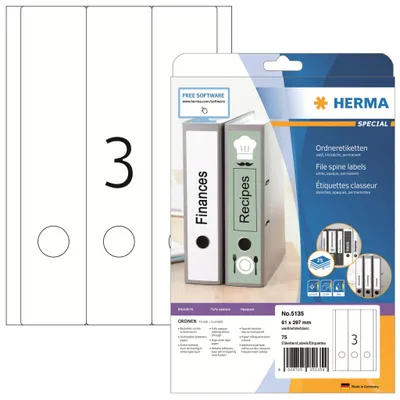 Produktbild von HERMA 5135 Ordnerrücken Etiketten lang breit, 25 Blatt, 61 x 297 mm, 3 pro A4 Bogen, 75 Stück, selbstklebend, bedruckbar, blickdicht, blanko Papier Ordneretiketten Rückenschilder Aufkleber, weiß
