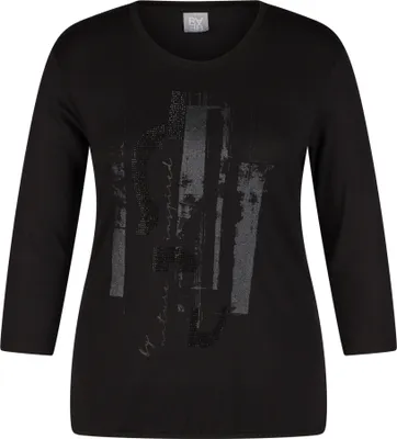 Produktbild von Rabe T-Shirt Schwarz mit Statement-Print, 3/4-Ärmeln und tailliertem Schnitt, Größe 48