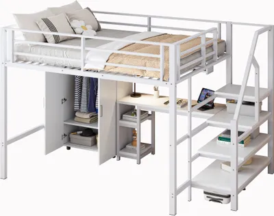 Produktbild von Etagenbett 140 x 200 cm (ohne Matratze) Hochbett Weiss Metall+MDF Kleiderschrank Regale Ablageleiter Schreibtisch Einzelbett Gaestebett