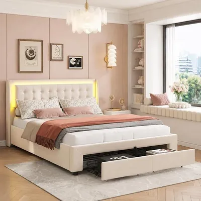 Image de Lit rembourré 180x200 cm avec éclairage LED, lit double avec espace de rangement hydraulique et 2 tiroirs, lit de rangement pour adolescents avec tête de lit en velours, couleur beige, sans matelas (G, 180X200CM)